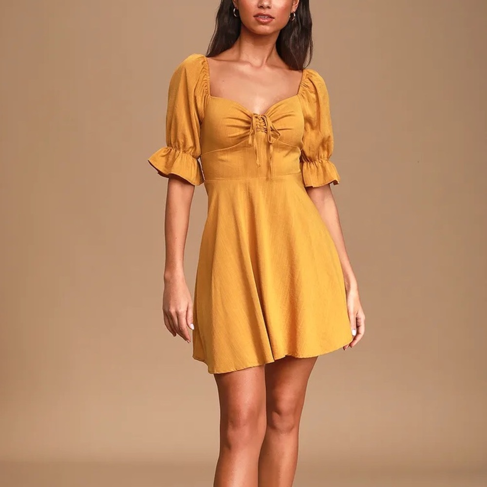 Elsie Mustard Yellow Puff Sleeve Mini Dress - Size Medium